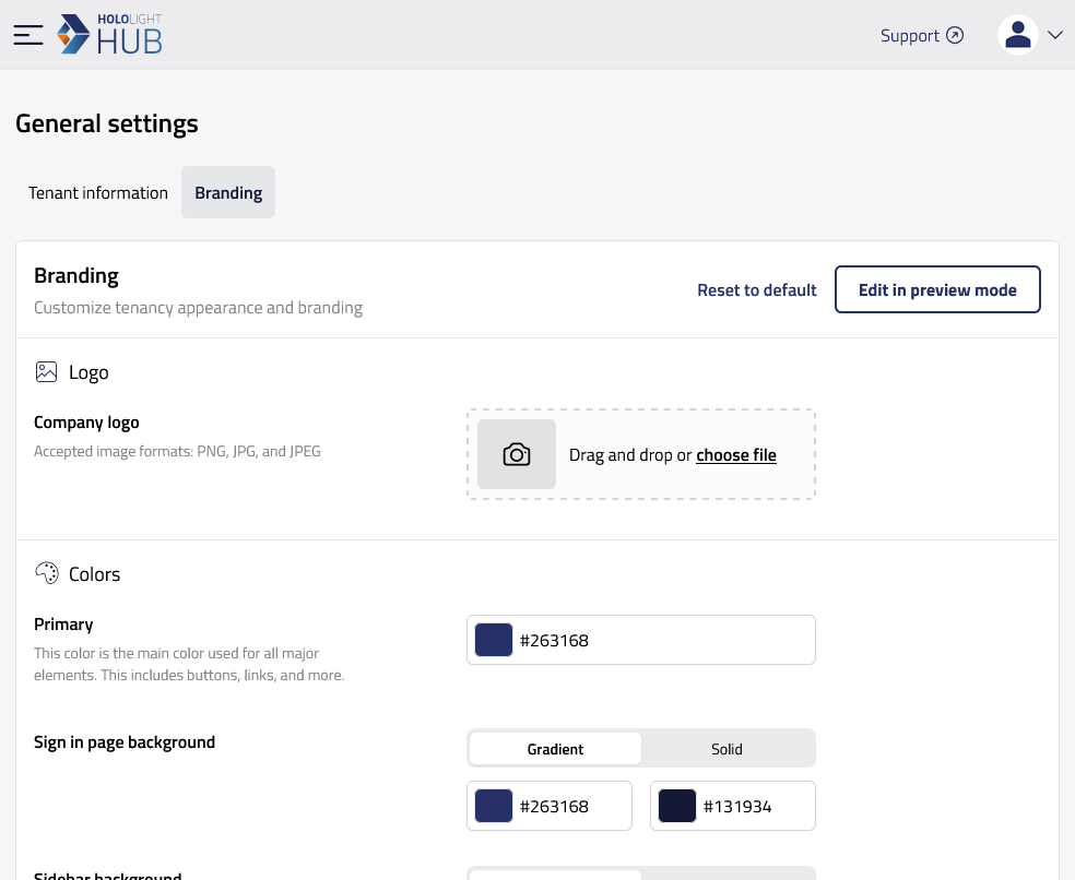 hololight hub browser general settings branding