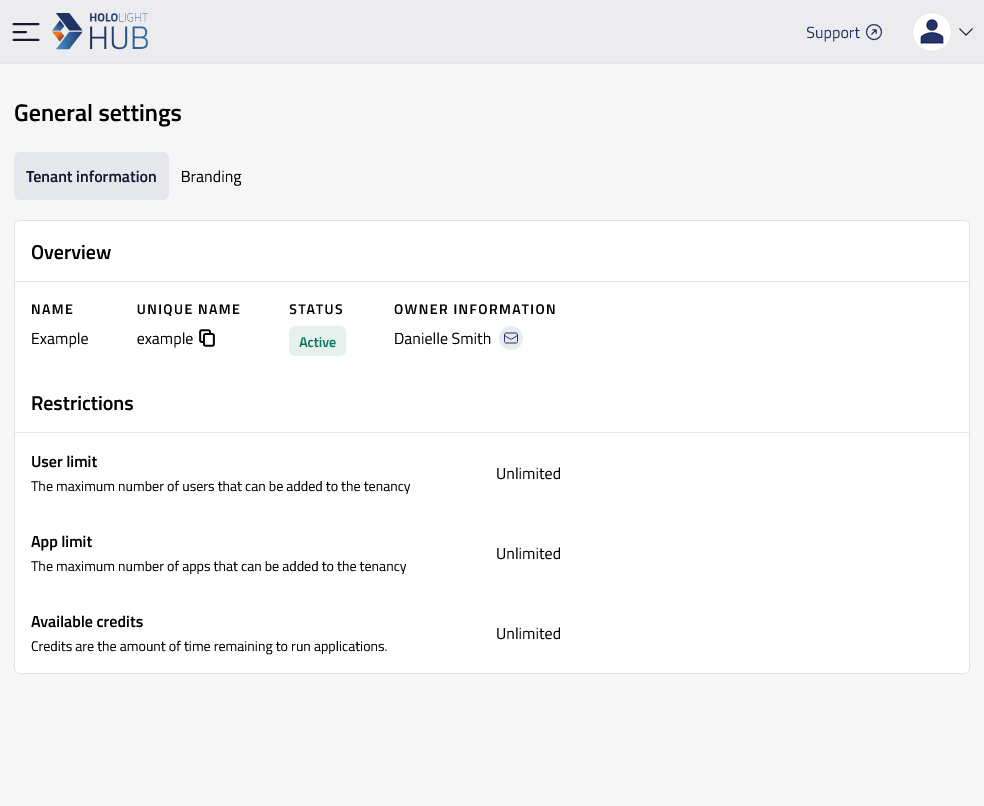 hololight hub browser general settings tenant information
