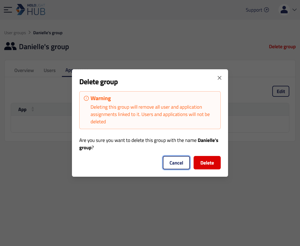hololight hub browser group delete