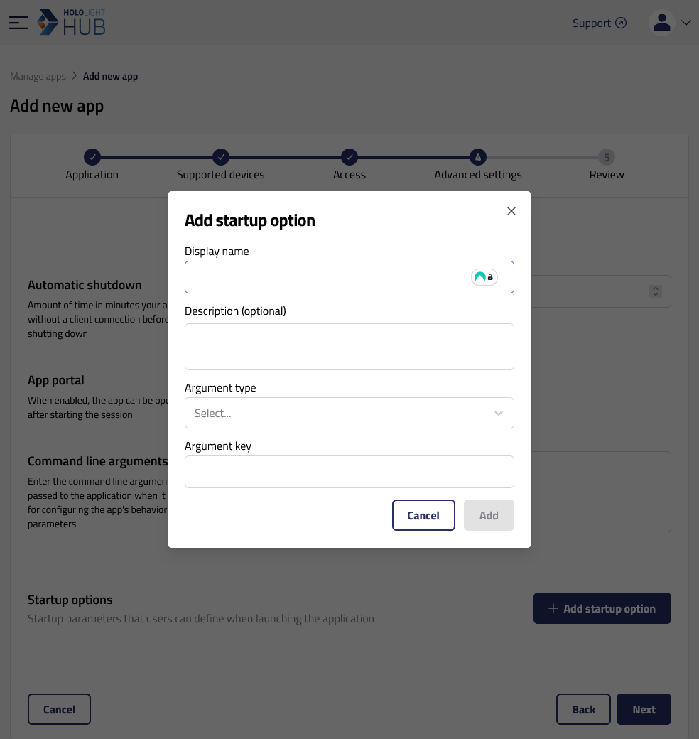 hololight hub browser manage apps add advanced settings add startup option