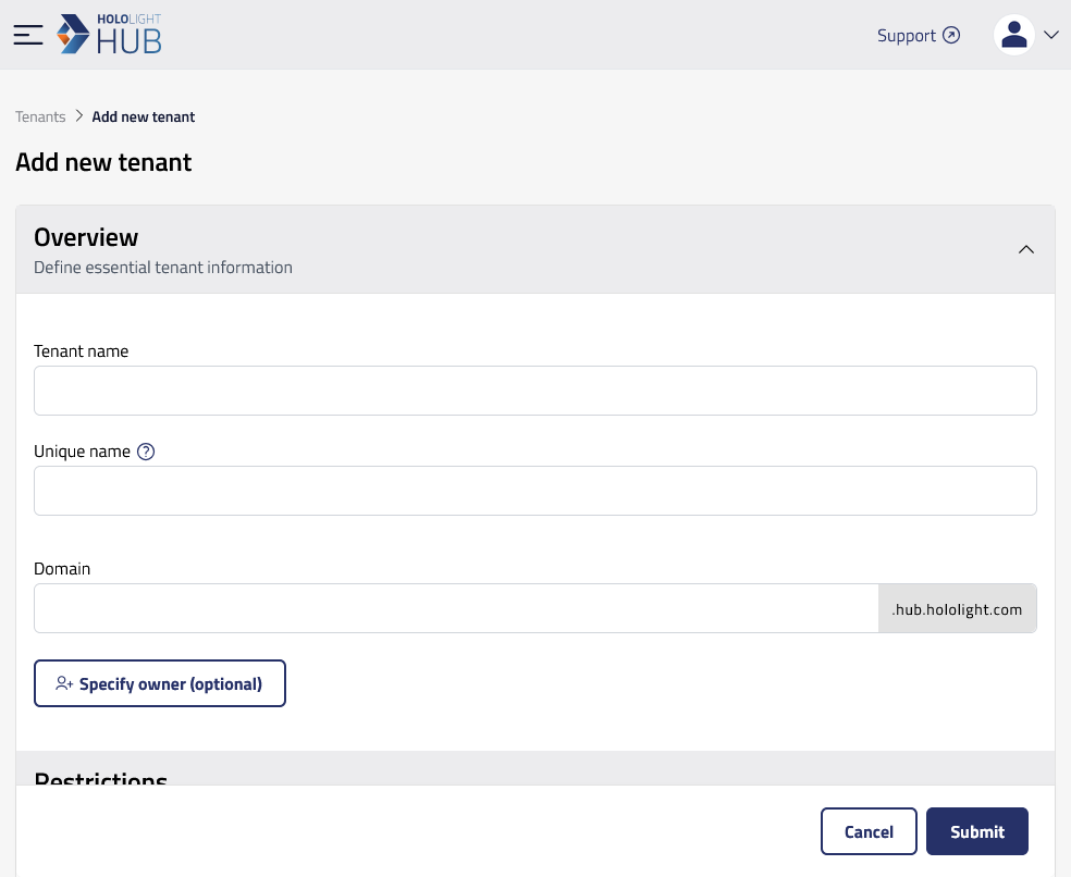 hololight hub browser tenants add
