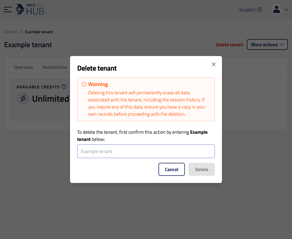 hololight hub browser tenants delete