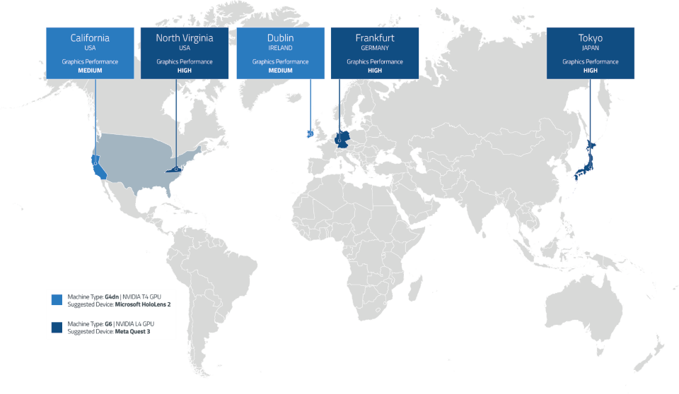 Map showing the available locations for starting a Hololight Hub Cloud application session, along with information about the types of machine instances that will host those sessions.