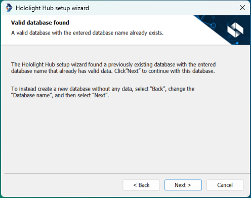 hololight hub hub setup hub sql database valid database found