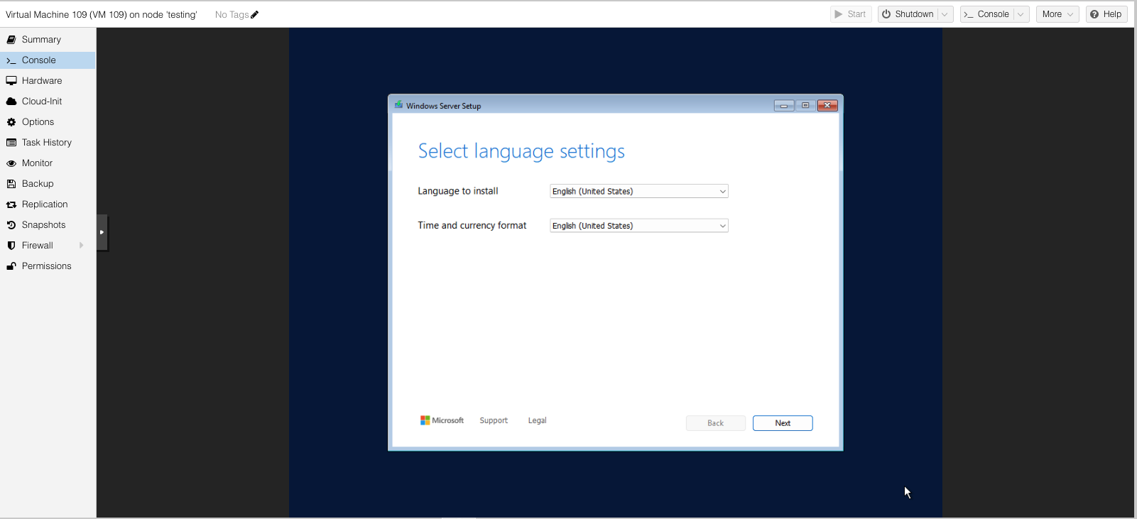 hololight hub hypervisor proxmox create virtual machine windows server setup select language settings