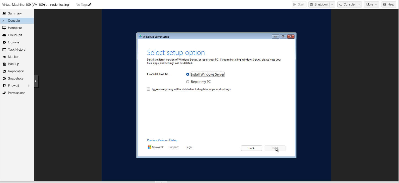 hololight hub hypervisor proxmox create virtual machine windows server setup select setup option