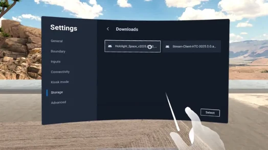 Screenshot from an HTC VIVE device showing the user in the settings, in the downloads folder, selecting the Hololight Space Client apk file.