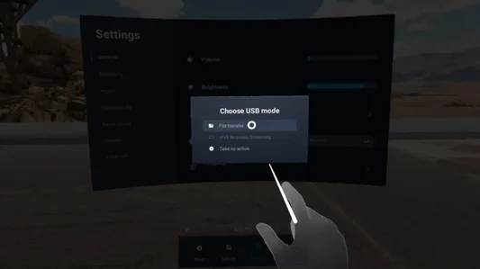 Screenshot from the HTC VIVE showing the user selecting an option to allow file transfers.