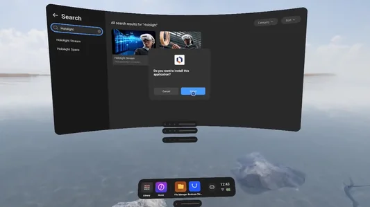 Screenshot from the PICO 4 Ultra Enterprise with a prompt open that allows the user to install Hololight Space.