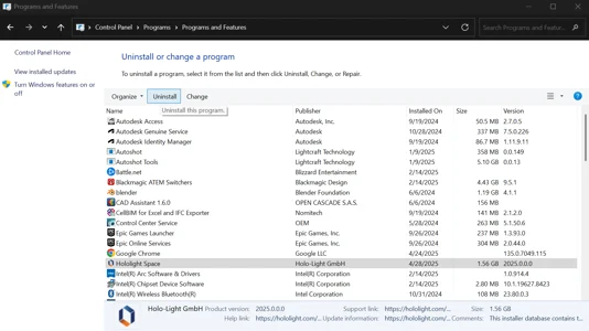 Screenshot of Windows uninstall screen with Hololight Space highlighted