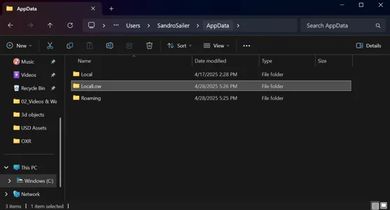 Screenshot of Windows File Explorer with locallow folder selected