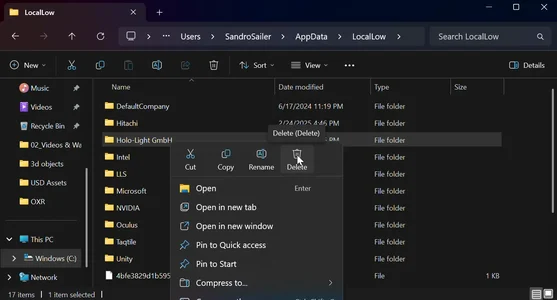 Screenshot of Windows File Explorer on locallow folder with Holo-Light GmbH folder being right-clicked