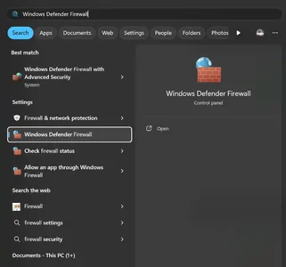 Screenshot showing selecting Windows Defender Firewall on the Windows start menu