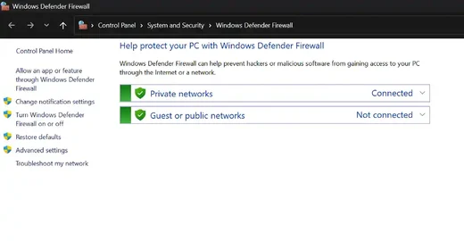 Screenshot of Windows Defender Firewall advanced settings