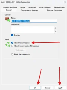 Screenshot of Unity Windows Defender Firewall properties