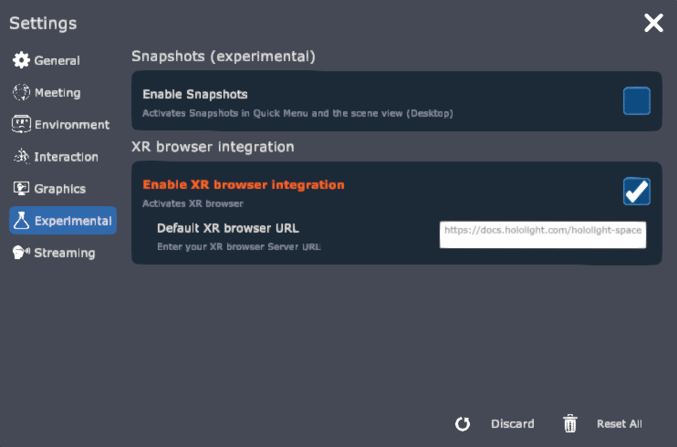 hololight space app settings experimental enable xr browser integration
