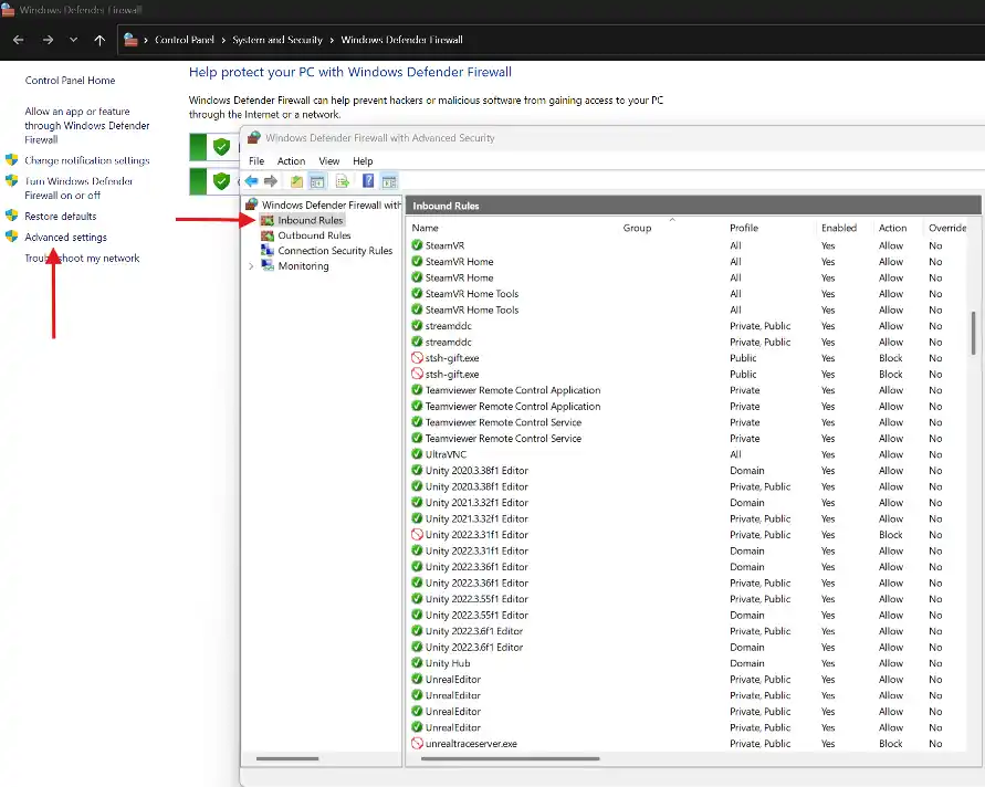 Screenshot from Windows computer showing Windows Defender Firewall with Advanced settings and inbound rules marked with arrows