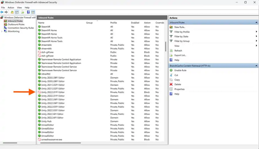 Screenshot from Windows computer showing Windows Defender Firewall with Unity application entry marked with arrows