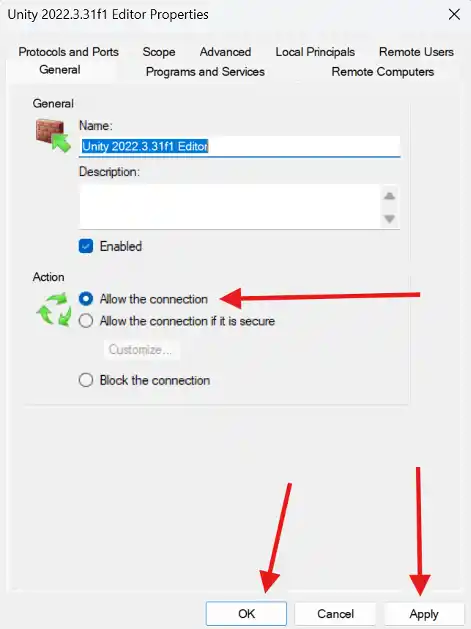 Screenshot from Windows computer showing Unity Editor’s Windows Defender Firewall properties with Allow the connection