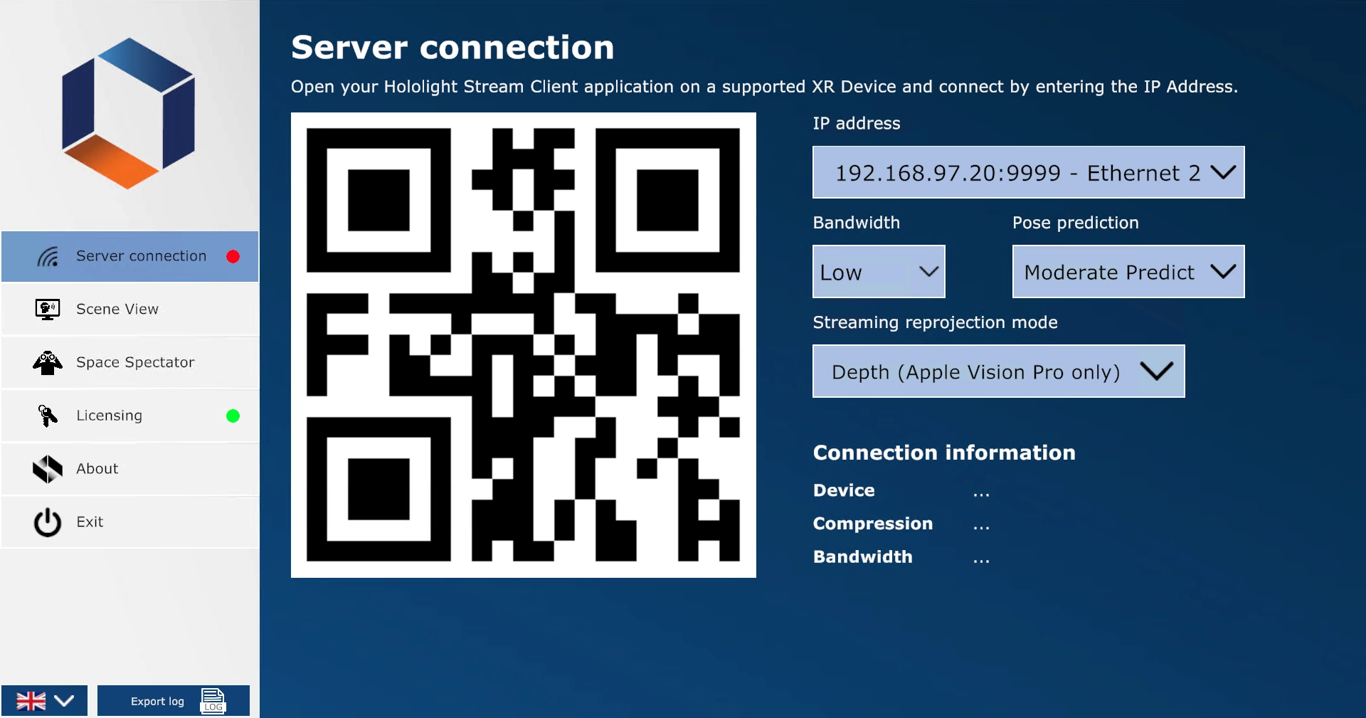 Screenshot of Hololight Space on a Windows computer with the server connection tab selected.