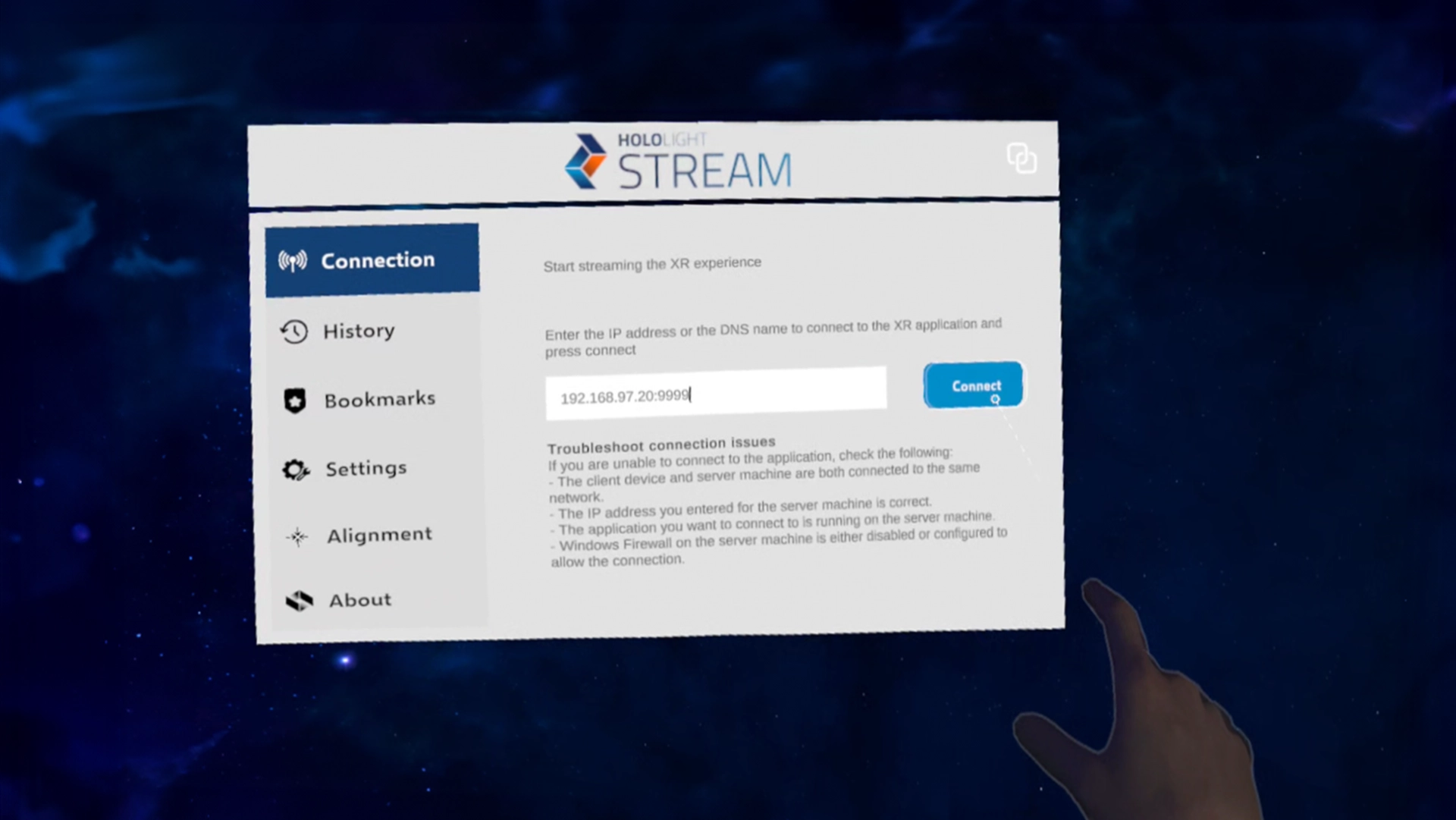 Screenshot of Hololight Stream Client running on a mixed-reality device, showing the user selecting the connect button to connect to a Hololight Space session.