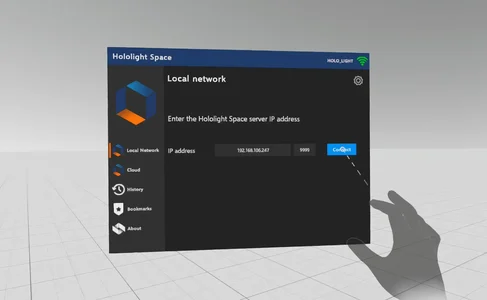 Screenshot of Hololight Space Client running on a mixed reality device, with the user select the connect button to connect to a Hololight Space session.