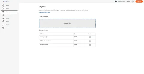 Screenshot from a web browser showing the Hololight Hub Objects page
