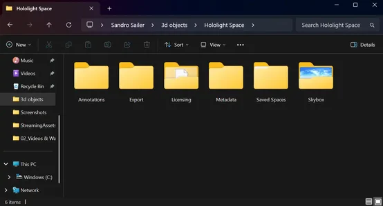 Screenshot of File Explorer on a Windows computer opened to the Hololight Space folder