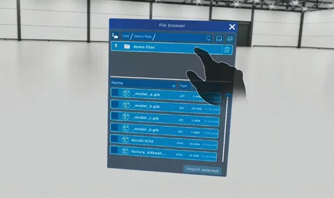 Screenshot of Hololight Space running on a mixed reality device with the user selecting the demo files folder on the file explorer.
