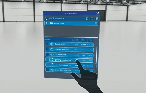 Screenshot of Hololight Space running on a mixed reality device with the user selecting the getting started PDF from the file explorer.