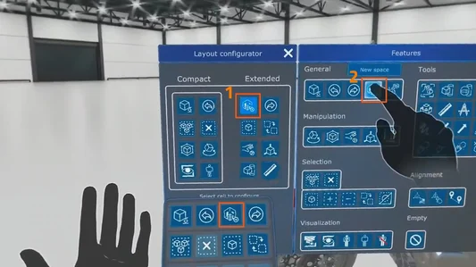 Screenshot of Hololight Space session showing user swapping in tools to use in Quick Menu