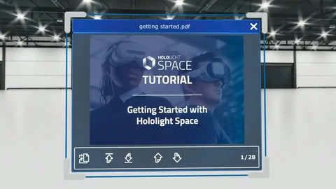 Screenshot of Hololight Space running on a mixed reality device with the getting started guide open.