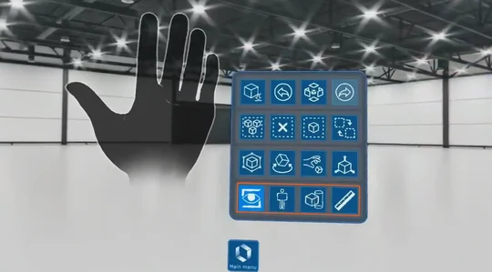 Screenshot of Hololight Space session showing Quick Menu with the first row of options highlighted