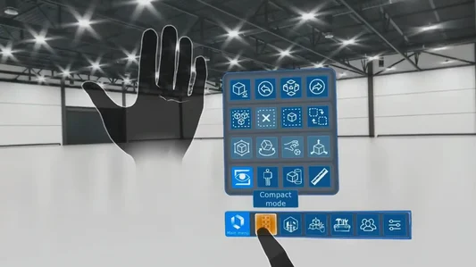 Screenshot of Hololight Space session showing user selecting compact mode on Quick Menu