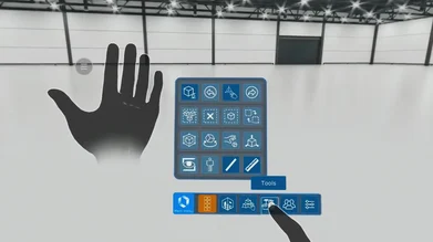 Screenshot of Hololight Space running on a mixed reality device with the user selecting the tools button on quick menu.