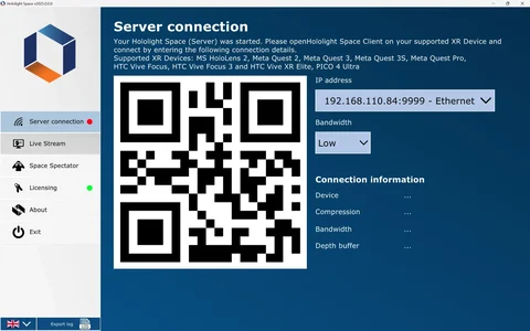 Screenshot of Hololight Hub on a Windows computer with the connection tab selected.
