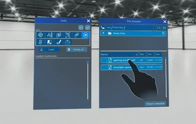Screenshot of Hololight Space running on a mixed reality device with the user selecting the getting started guide from the file browser having gone through the tools panel.