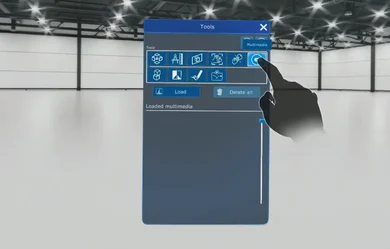 Screenshot of Hololight Space running on a mixed reality device with the user selecting multimedia on the tools panel.
