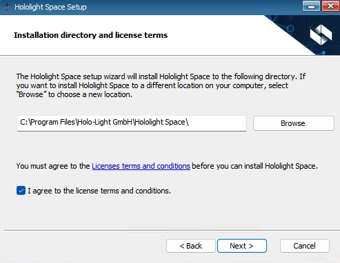Screenshot of license terms and conditions screen in Hololight Space installer