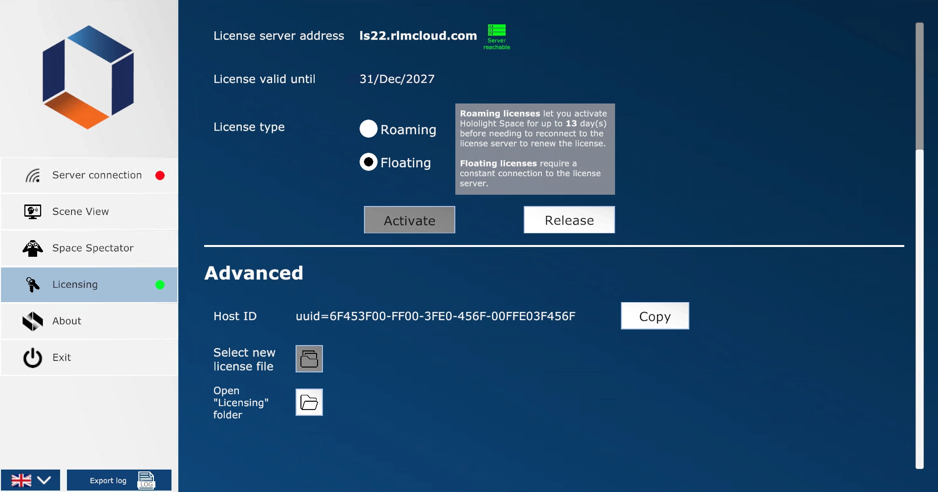 Screenshot of Hololight Space licensing tab.