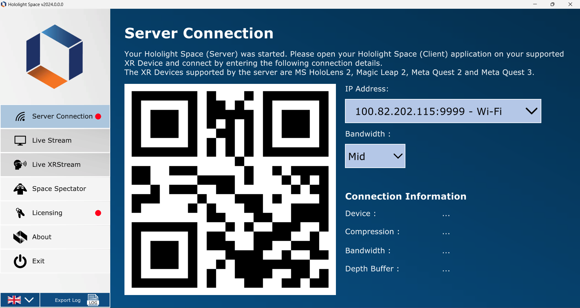 Screenshot of the Hololight Space server connection screen