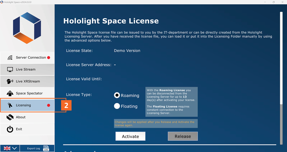 Screenshot of the Hololight Space license screen with the licensing tab highlighted