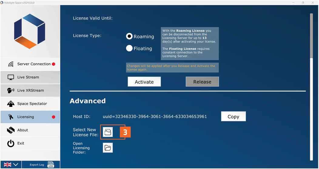 Screenshot of the Hololight Space with the select new license file button highlighted