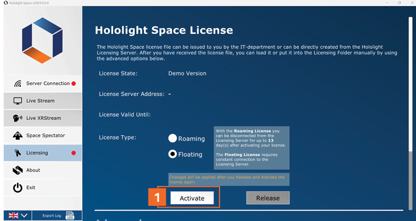 Screenshot of the Hololight Space licensing screen with the activate button highlighted