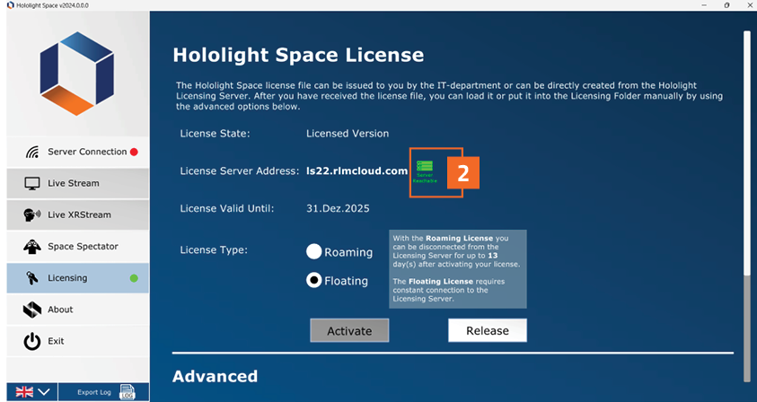 Screenshot of the Hololight Space licensing screen with the release button highlighted