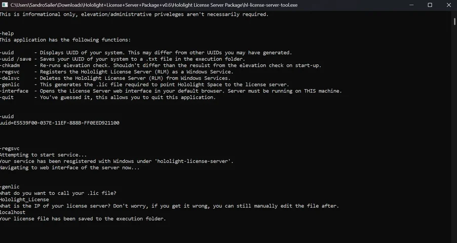 Screenshot of command line showing the license file being saved
