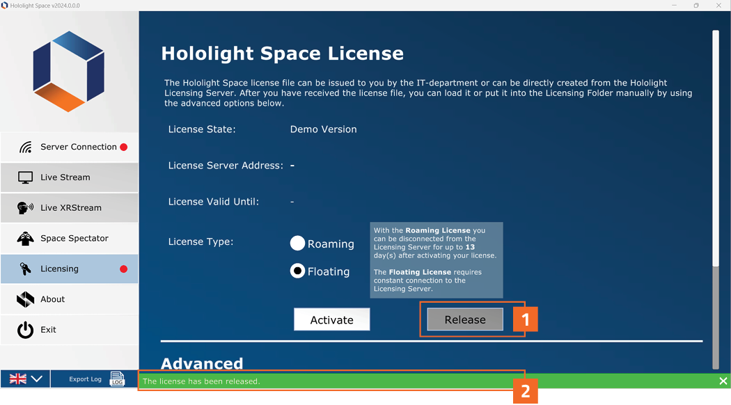 Screenshot of the Hololight Space licensing screen with the license status bar highlighted