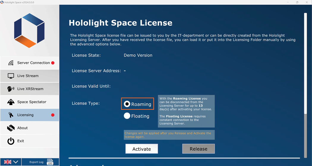 Screenshot of the Hololight Space licensing screen with the roaming option highlighted