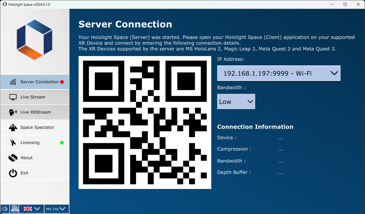 Screenshot of Hololight Space on Windows computer with server connection tab selected.
