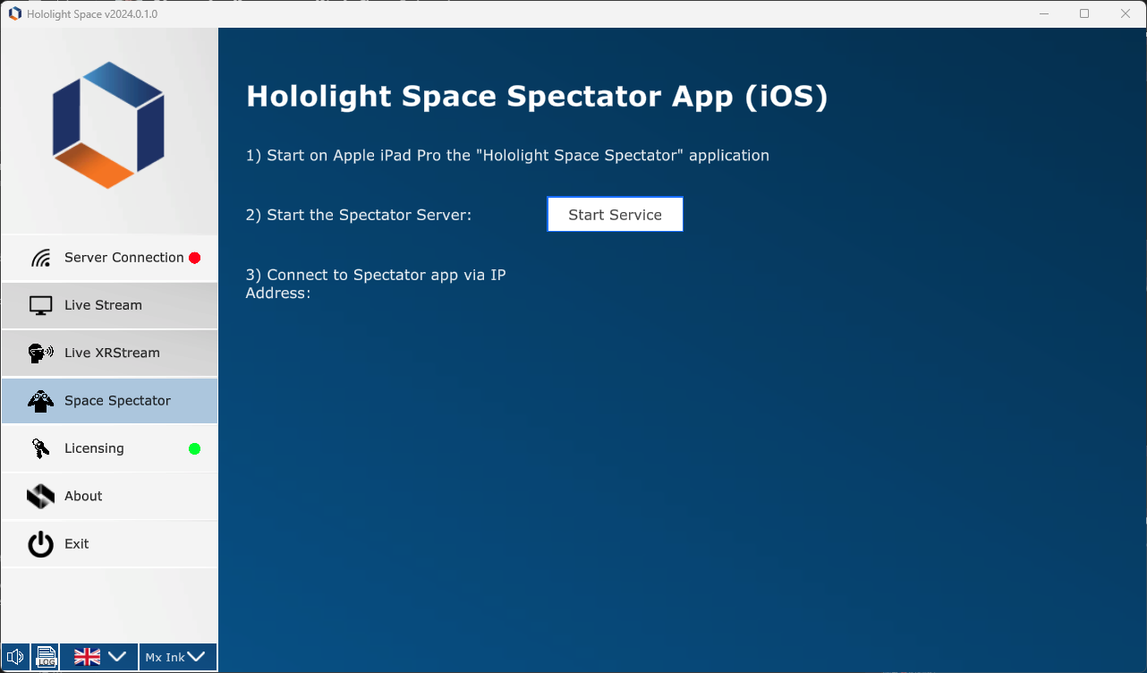 Screenshot of Hololight Space on Windows computer with Space Spectator tab selected.